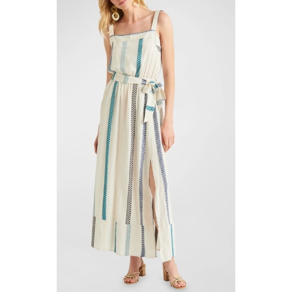 Splendid Jubi Dress, White Linen-blend Fabric, Green/Blue Embroidered Stripes, S